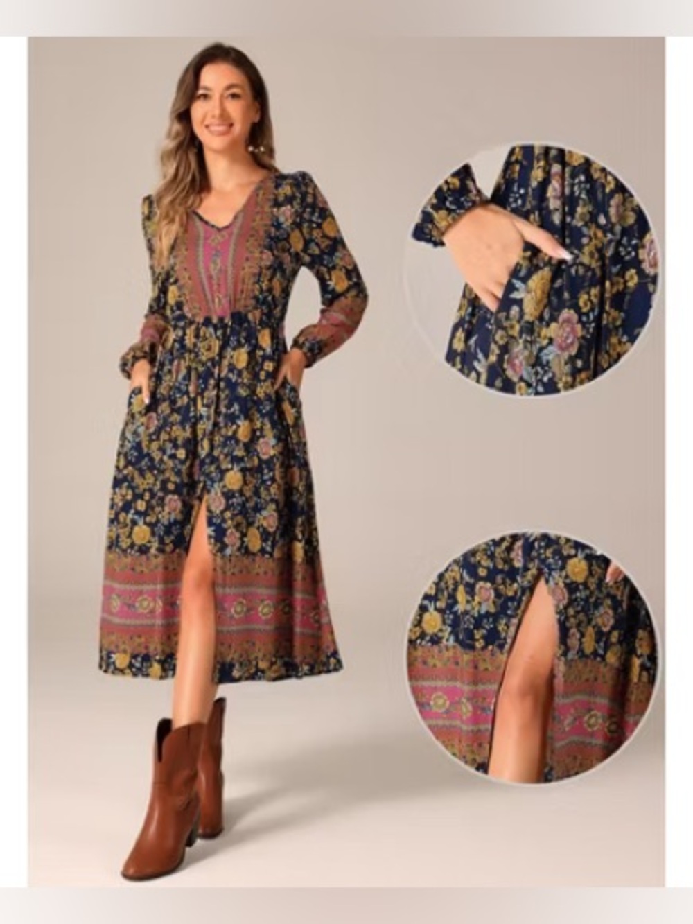 Allegra K ~ Navy Floral Midi Long Sleeve Dress with Pink and Mustard Accents NWT
